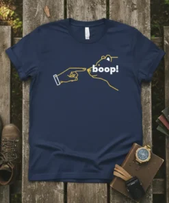 Minimalist navy t-shirt with yellow outline design of a finger booping a bear's nose and the word "boop!"