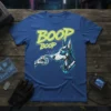 Boop Boop t-shirt design with a cyberpunk robot dog touching noses with a skeletal hand, neon blue accents