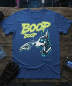 Boop Boop t-shirt design with a cyberpunk robot dog touching noses with a skeletal hand, neon blue accents