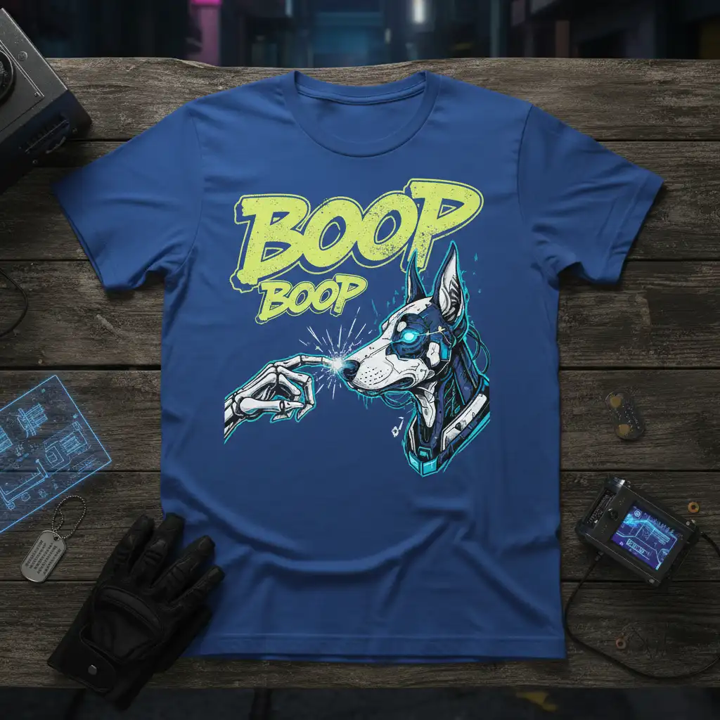 Boop Boop cyberpunk robot dog t-shirt design with neon yellow text and blue glowing eyes