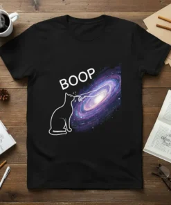 Black t-shirt with white text "BOOP" above a white cat touching a colorful galaxy graphic