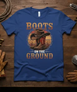Boots On The Ground T-Shirt with cowboy boots and hat graphic, vintage sunset background