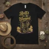 Black t-shirt with "Boots On The Ground" text and detailed cowboy boots graphic in gold and purple, featuring glittery accents