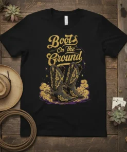 Black t-shirt with "Boots On The Ground" text and detailed cowboy boots graphic in gold and purple, featuring glittery accents