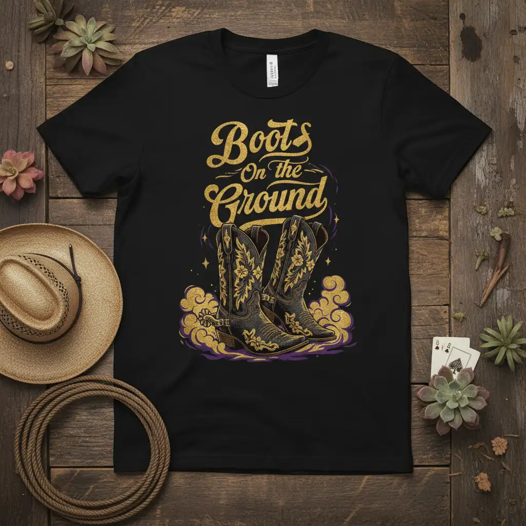 Boots On The Ground quote with detailed cowboy boots illustration in gold and purple on a black tee