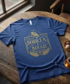 Boricua & Bougie T-Shirt with a gold coqui frog emblem and laurel leaves on a navy blue shirt