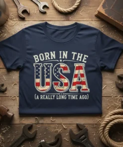 Born in the USA (A Really Long Time Ago) text with distressed American flag USA graphic on a navy t-shirt