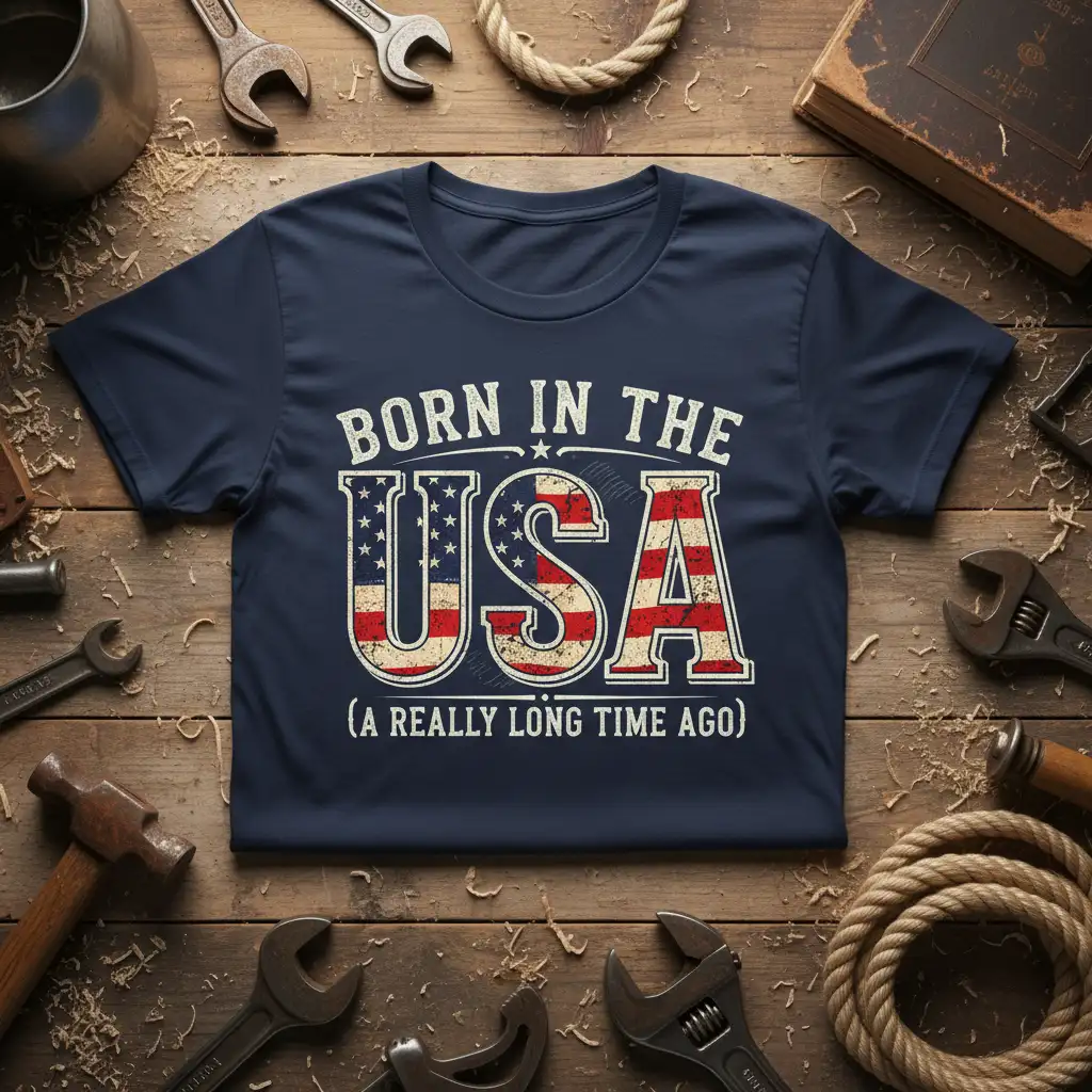 Born in the USA (A Really Long Time Ago) text with vintage American flag USA graphic on navy tee