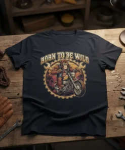 Born To Be Wild t-shirt with a gorilla riding a motorcycle, surrounded by wrenches and palm trees