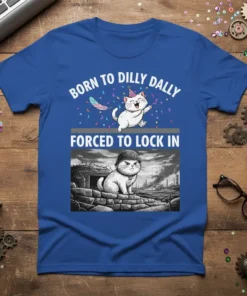 Born to Dilly Dally Forced to Lock In cat t-shirt design with party cat and grumpy soldier cat graphic