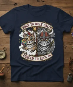 Born to Dilly Dally Forced to Lock In t-shirt featuring two cats, one in a party hat with a lollipop