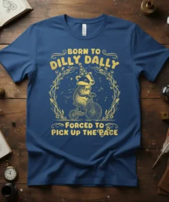 T-shirt with "Born to Dilly Dally Forced to Pick Up the Pace" text and a badger riding a bicycle, featuring