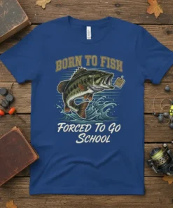 Born to Fish Forced to Go School fishing t-shirt design featuring a jumping bass and playful text