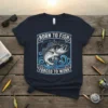 Born to Fish Forced to Work t-shirt with a graphic of a bass fish jumping out of waves