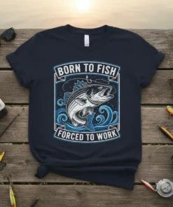 Born to Fish Forced to Work t-shirt with a graphic of a bass fish jumping out of waves
