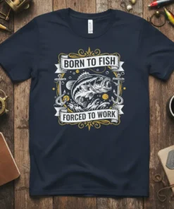 Born to Fish Forced to Work fishing quote t-shirt with a bass graphic and fishing hooks