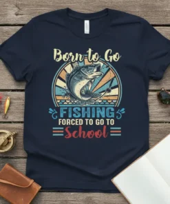 Born to Go Fishing Forced to Go to School t-shirt with a jumping bass graphic and retro sunburst background