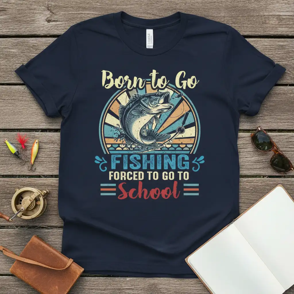 Born to Go FISHING FORCED TO GO TO School quote t-shirt with jumping fish graphic and vintage sun