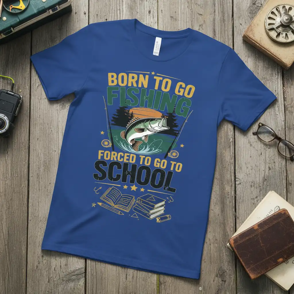 Born to Go Fishing Forced to Go to School quote on a t-shirt with a jumping fish graphic and school supplies