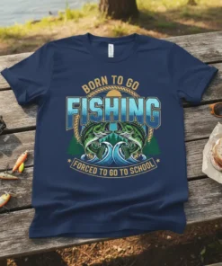 Born To Go Fishing Forced To Go To School T-Shirt with bass fish graphic and wavy water