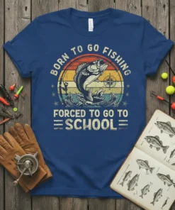 Born to Go Fishing Forced to Go to School t-shirt with a jumping bass graphic and vintage sunset design