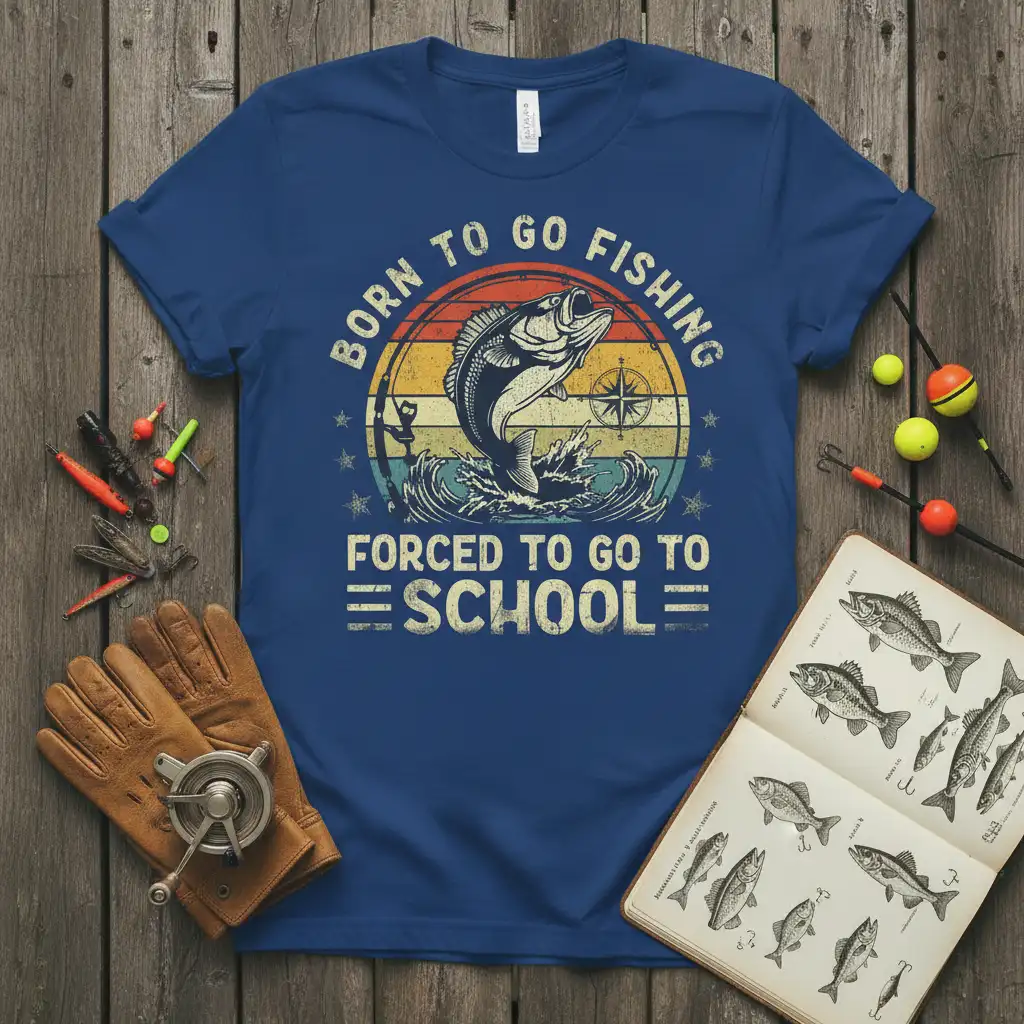 Born to Go Fishing Forced to Go to School humorous fishing quote t-shirt with jumping bass graphic
