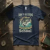 Born to Go Fishing Forced to Go to School t-shirt with bass fish graphic and fishing hooks