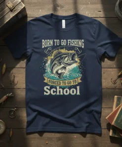 Born to Go Fishing Forced to Go to School t-shirt with bass fish graphic and fishing hooks
