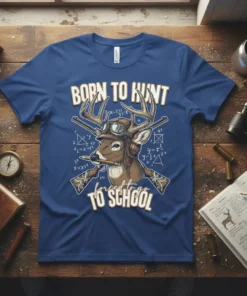 Born to Hunt Forced to Go to School t-shirt design featuring a deer in aviator goggles holding a pencil with