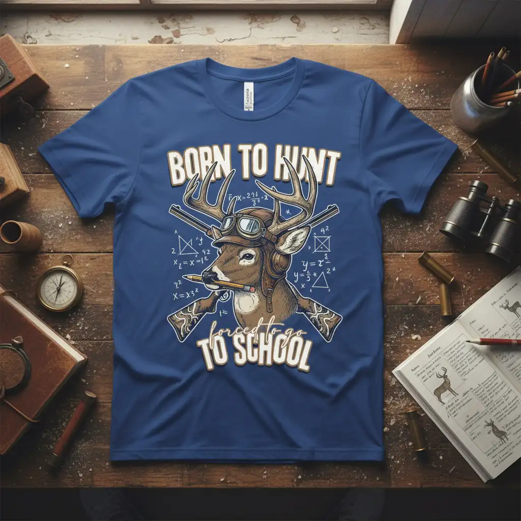 Born to Hunt Forced to Go to School quote on a blue t-shirt with a deer, crossed rifles, and math equations