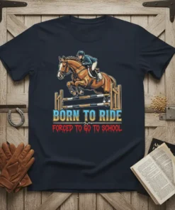 Born to Ride Forced to Go to School text with a graphic of a horse jumping over a fence, equestrian