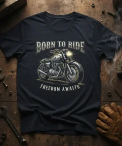 Born to Ride Freedom Awaits text with vintage motorcycle graphic on a black t-shirt