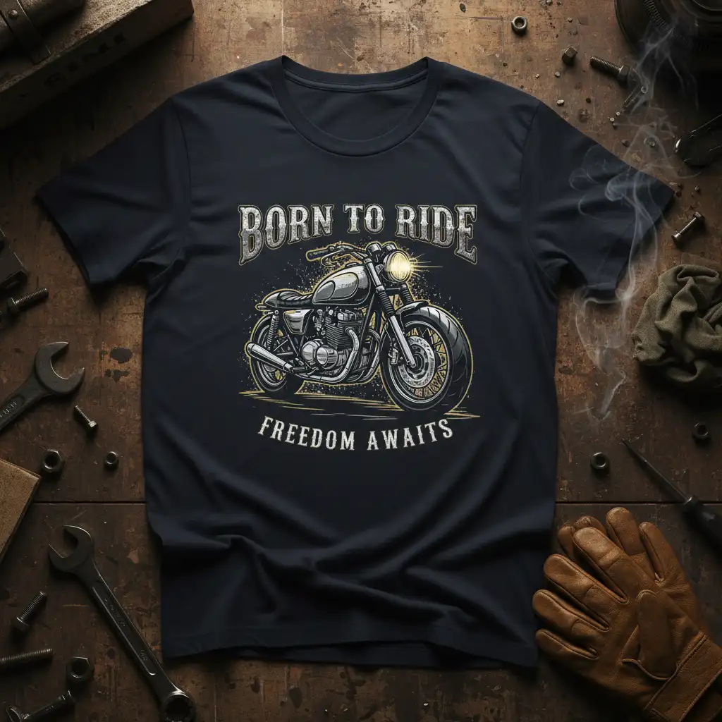 Born to Ride Freedom Awaits quote with vintage motorcycle graphic on a dark t-shirt