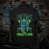 Born to Rock Forced to Work t-shirt with blue hand making rock horns gesture and green lightning
