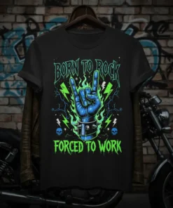 Born to Rock Forced to Work t-shirt with blue hand making rock horns gesture and green lightning
