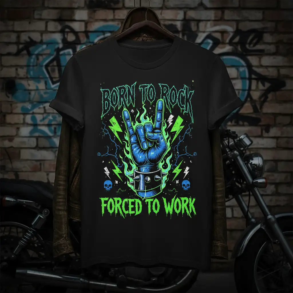 Born to Rock Forced to Work t-shirt design with blue hand doing rock horns, green flames, and lightning