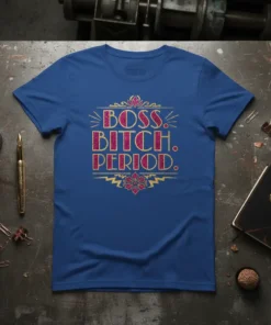 BOSS. BITCH. PERIOD. text design in bold glittery font with decorative elements on a blue t-shirt