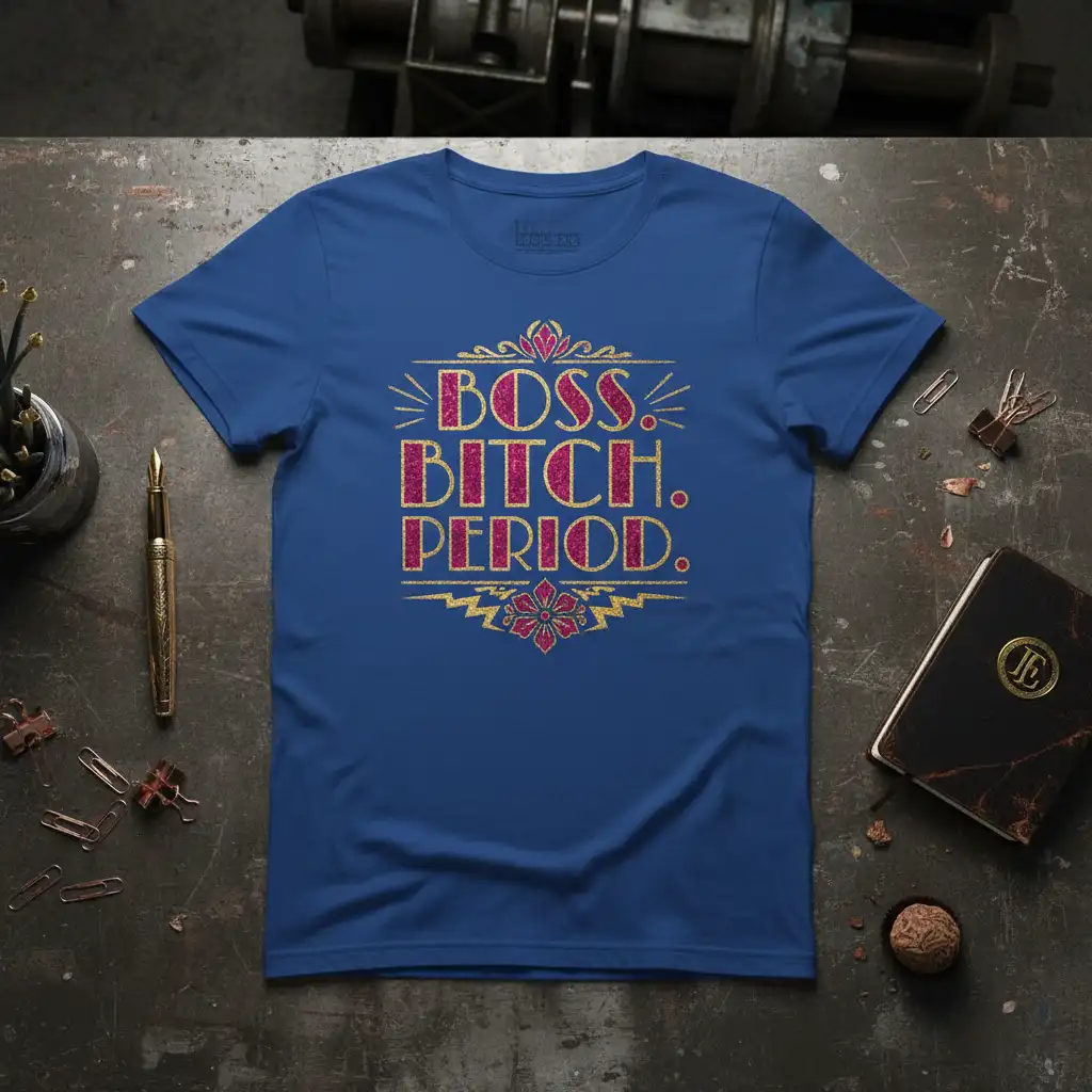 BOSS. BITCH. PERIOD. empowering quote on a blue t-shirt with glitter text and decorative accents