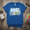 Boss Mama t-shirt with white "BOSS" text above colorful patterned "MAMA" text