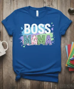 Boss Mama t-shirt with white "BOSS" text above colorful patterned "MAMA" text