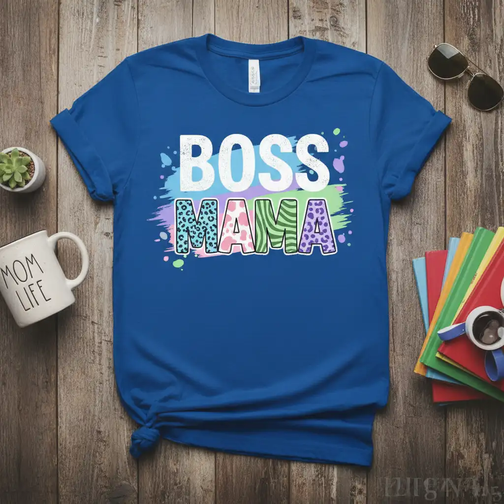 Boss Mama text design with colorful patterns on a blue t-shirt