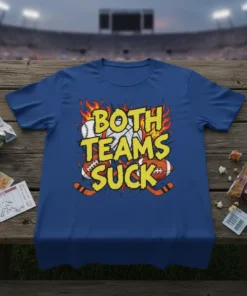 Both Teams Suck t-shirt design with baseball, football, and hockey pucks surrounded by flames