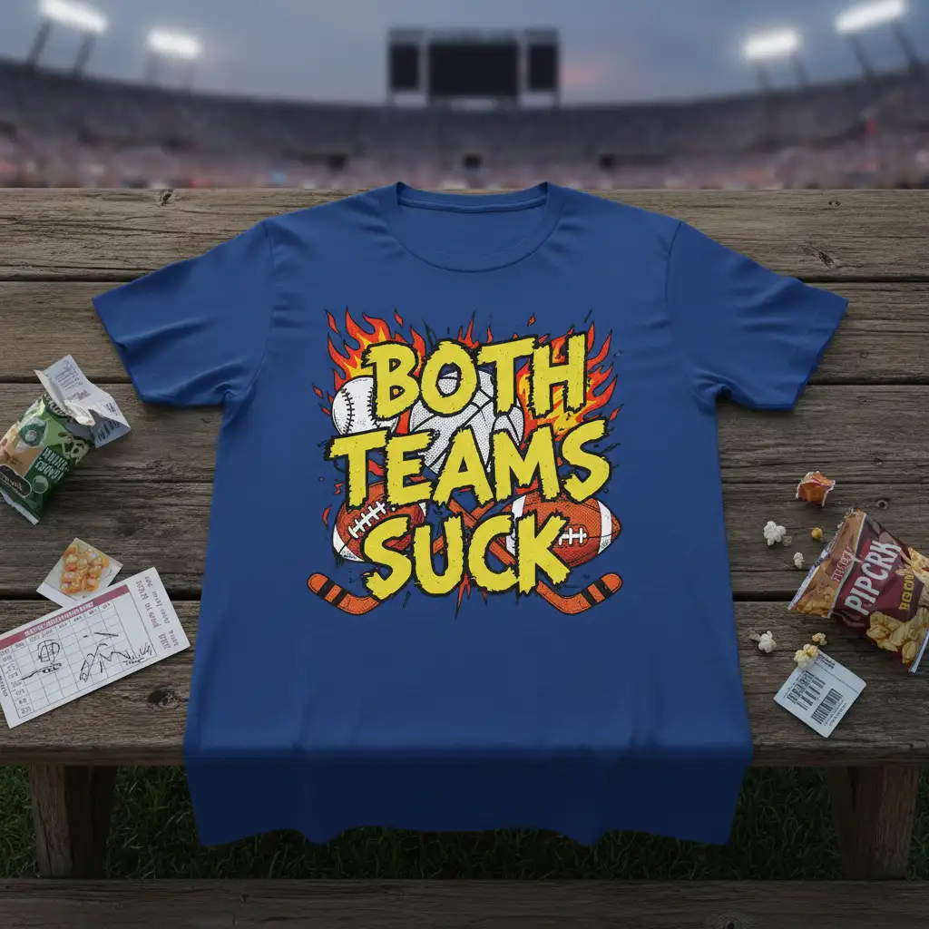 Both Teams Suck bold yellow text with baseball, football, and hockey pucks engulfed in flames graphic