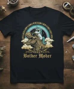 Bother Mober T-shirt design with a T-Rex wearing sunglasses and a unicorn riding it, set against a rainbow
