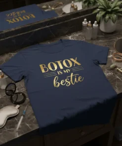 Navy blue t-shirt with gold glitter text "Botox Is My Bestie" design, perfect for beauty treatment lovers