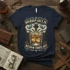 Bourbon Goes In Wisdom Comes Out quote on a navy t-shirt, featuring a glass of bourbon with ice and stylized