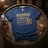 Bourbon Has Never Been Recalled For E-Coli Suck It Lettuce quote on a navy blue t-shirt with a whiskey glass