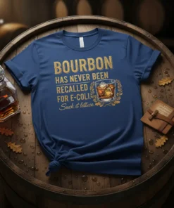 Bourbon Has Never Been Recalled For E-Coli Suck It Lettuce quote on a navy blue t-shirt with a whiskey glass