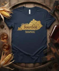 Dark navy t-shirt with gold distressed map of Kentucky and "Bourbon bourbon" text