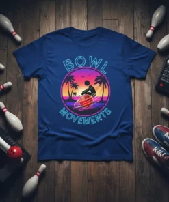 Bowl Movements text with a retro sunset and bowling graphic on a navy blue t-shirt
